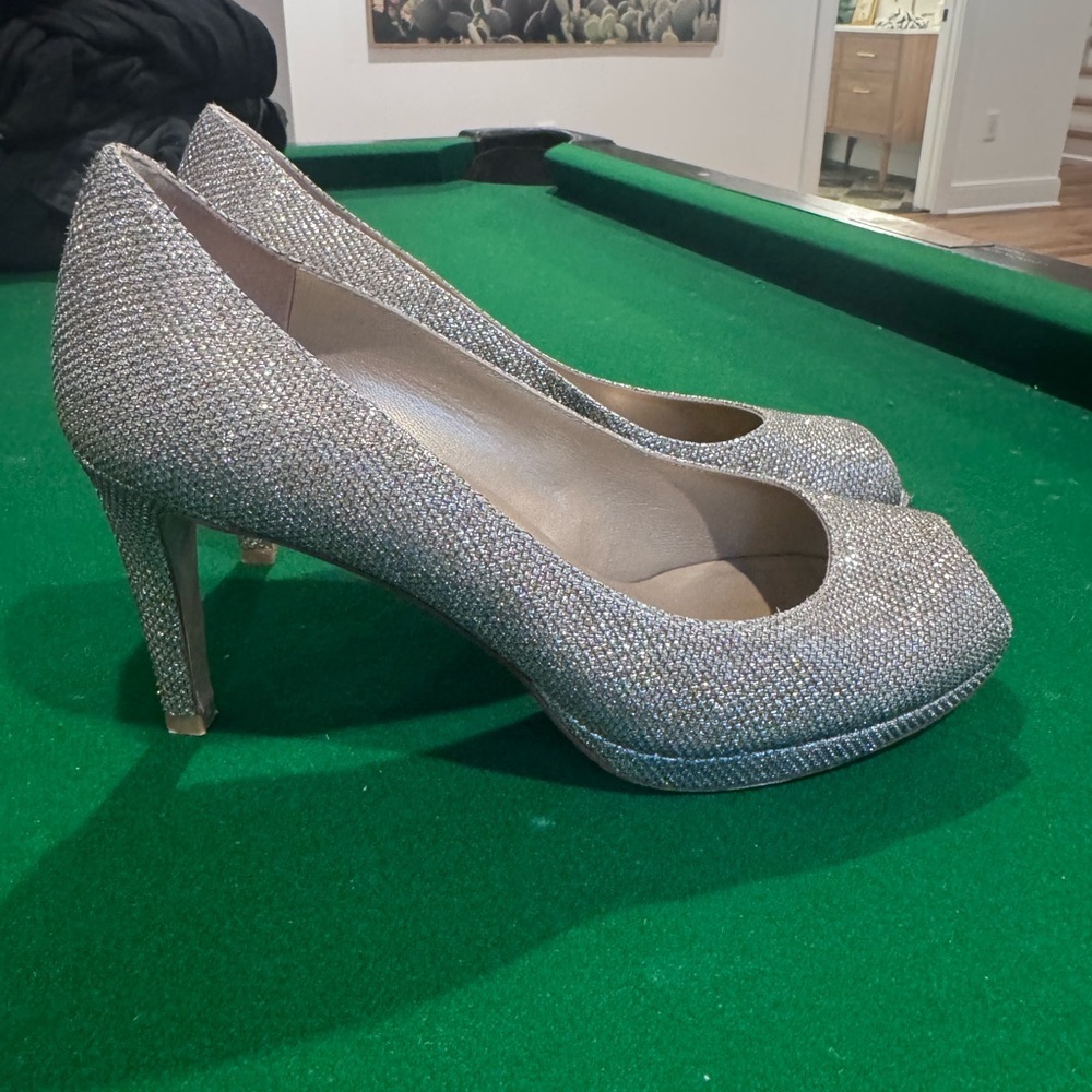 Stuart Weitzman Glittering Silver -Gold Peep-Toe Heels - Picture 3 of 6